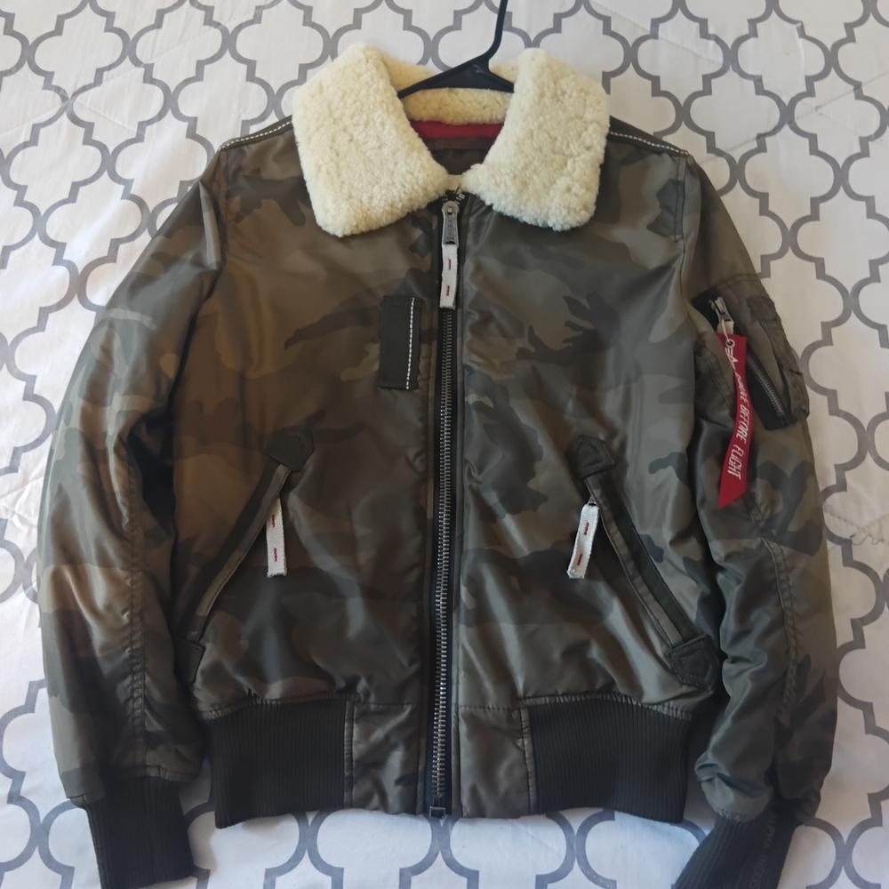 Camouflage Bomber Jacket with Shearling Collar